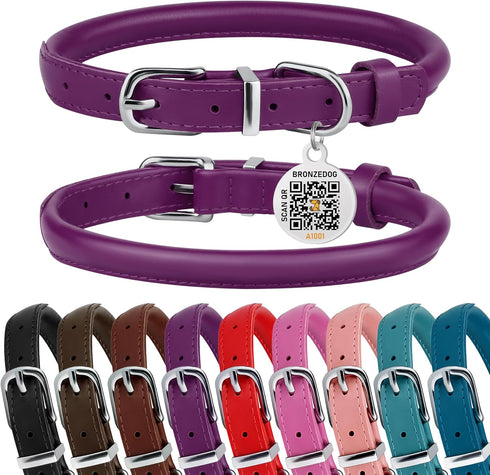 BRONZEDOG Rolled Leather Dog Collar for Small Medium Large Dogs with QR ID Tag (S: 12-14 Inch, Plum)