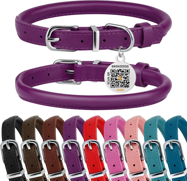 BRONZEDOG Rolled Leather Dog Collar for Small Medium Large Dogs with QR ID Tag (S: 12-14 Inch, Plum)