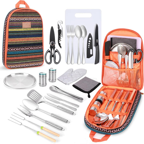 Portable Camping Kitchen Utensil Set-27 Piece Cookware Kit, Stainless Steel Outdoor Cooking