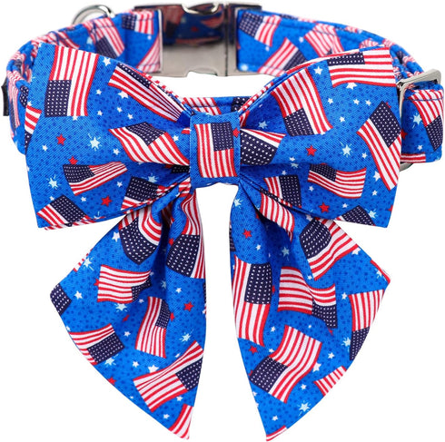 Maca Bates American Flag 4th of July Dog Collar, Adjustable Bow Tie for Small Medium Large XL Dogs, Patriotic Gift