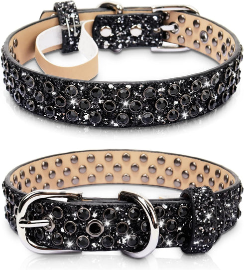Rhinestone Leather Dog Collar Bling Collars for Small Medium Large Dogs - Adjustable Soft Microfiber Leather (1" Wide,