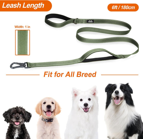 TwoEar 6FT 1IN Strong Green Dog Leash with 2 Padded Handles, Comfortable Soft Dual Handle for Small Medium Large Dogs