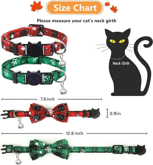 Pohshido 2 Pack Christmas Cat Collar with Movable Bowtie, Breakaway Buckle Safety Kitty Kitten Collar, Adjustable Pet