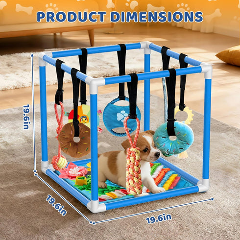 8 (Blue,19.6 19.6 19.6 inch) Puppy Play Gym with Snuffle Mat & Hanging Toys Indoor Play Gym Interactive Dog Toys