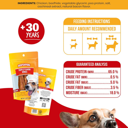 Beefeaters Dog Treats - Triple Flavor Wings 1.48oz Case of 12 | Rawhide Wrapped with Real Chicken