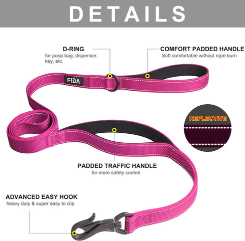 Fida 6 FT Heavy Duty Dog Leash with 2 Comfortable Padded Handles, Traffic Handle & Advanced Easy Snap Hook, Reflective Walking Lead for Large, Medium & Small Breed Dogs, Rose