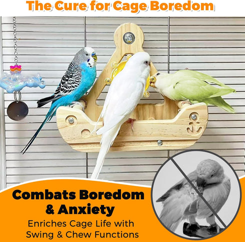 2 in1 Bird Perch Toy with Spinner Rattle Toys, Safe Cockatiel Toys Enrichment, Indoor Bird Cage Accessories Conure
