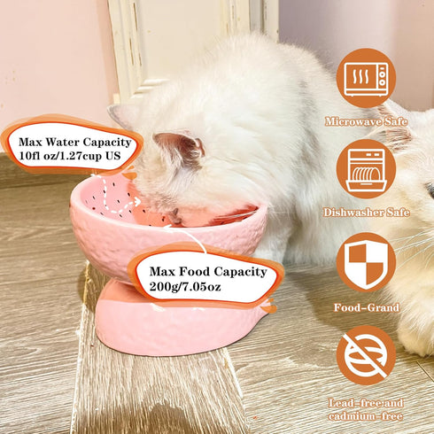Cat Food Bowl Whisker Friendly, Ceramic Raised Bowl for Indoor Cats, Extra Wide Tilted Dish in Pink