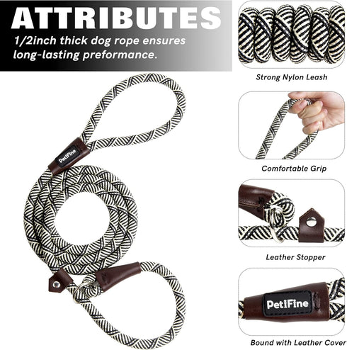 PetiFine 6FT Reflective Slip Lead Dog Leash, Heavy Duty Adjustable Nylon Rope for Small to Large Dogs, Grey