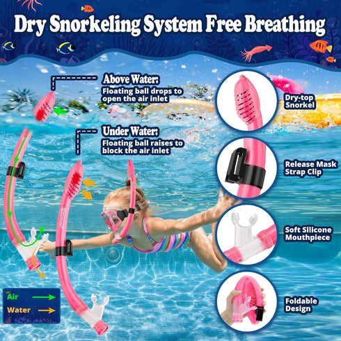 U PHITNIS Kids Snorkel Set - Dry Top Snorkeling Gear for Age 4-14, Childs Diving Mask with Big Eyes