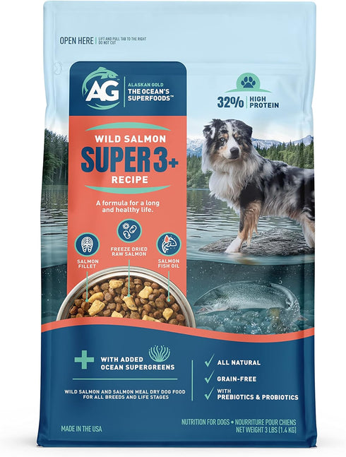 Wild Salmon SUPER3+ Dry Dog Food, High-Protein Blend with Freeze-Dried Raw Salmon, 3-lbs