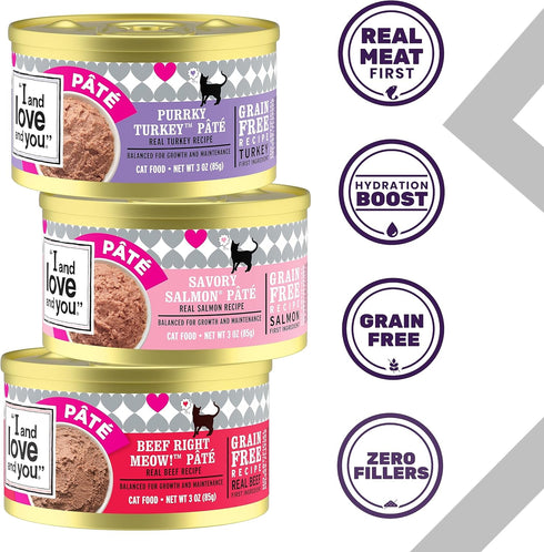 I and love and you Wet Cat Food, Farm to Sea Feast Pâté Variety Pack, Beef, Salmon, Turkey, 5.5oz Pack of 12 Cans