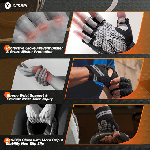 SIMARI Breathable Workout Gloves for Men Women, Padded Weight Lifting Gloves with Wrist Wraps Support, Full Palm