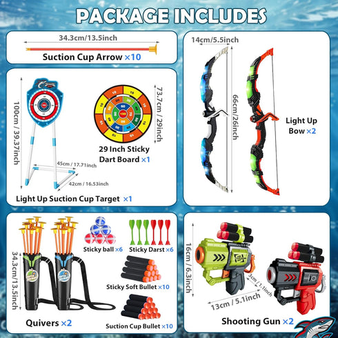 2 Pack 4 1 Set 20 5-12 VATOS Bow and Arrow Toy with LED Light - in Archery & Dart Game with Suction Cup Arrows, Shark