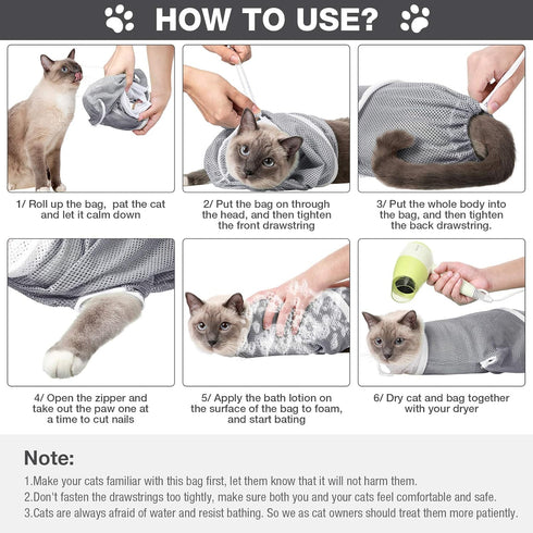 Cat Shower Net Bag, Adjustable Grooming Bathing Bag for Cats, Prevent Biting and Scratching (Grey)