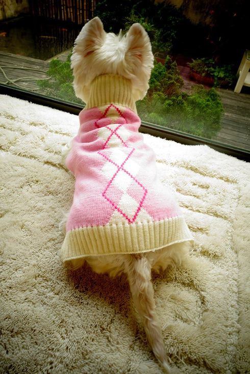 Pink Argyle Knit Dog Sweater for Girls, Pet Clothes for Dog Coat Sweatshirt, Large (L) Girth 18-20"