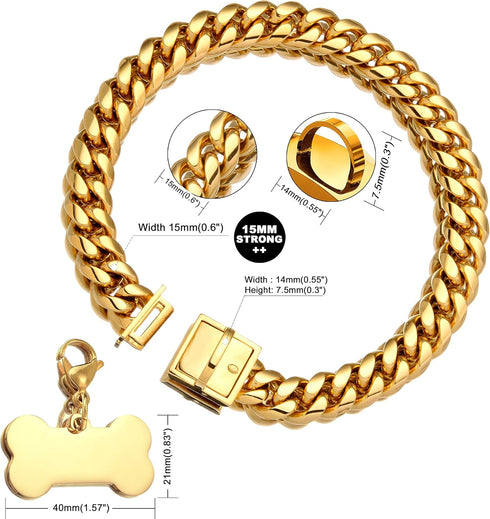 Jewelry Kingdom Gold Dog Chain Collar with ID Tag - 18K Stainless Steel Cuban Link (15MM, 26")