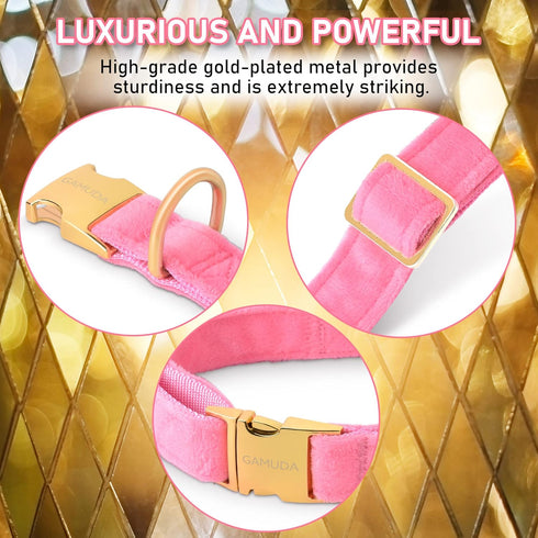 GAMUDA Velvet Dog Collar and Leash - Super Soft Heavy Duty Gold Buckle, Adjustable Easy to Clean (XL, Pink)