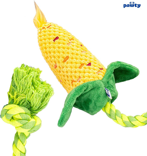 Corn Cob Tug Rope Dog Toy - Squeaky Gift for Puppy Birthday - Funny Cute Toys for Small to Medium - Durable