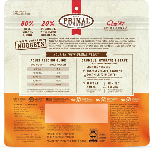 Primal Freeze Dried Raw Dog Food Nuggets, Beef - Complete & Balanced Meal, 5.5 oz, Grain Free, High Protein