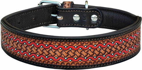 Leather Dog Collar Western Style Heavy Duty Hand Tooled Adjustable Padded Soft for Puppies and Big Dogs (10AB133-XS)