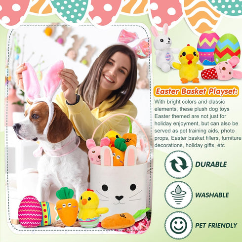 12 Pcs Easter Basket Playset, Easter Dog Toys, Plush Easter Eggs Bunny Shape Stuffed Dog Toy