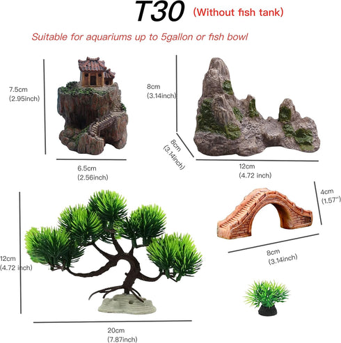 Small Japanese Fish Tank Decorations Set(Without Fish Tank), Suitable for Aquariums up to 5gallon or Fish Bowl, Include Small Decorations Artificial Plastic Plants Fish Tank House (T-30)