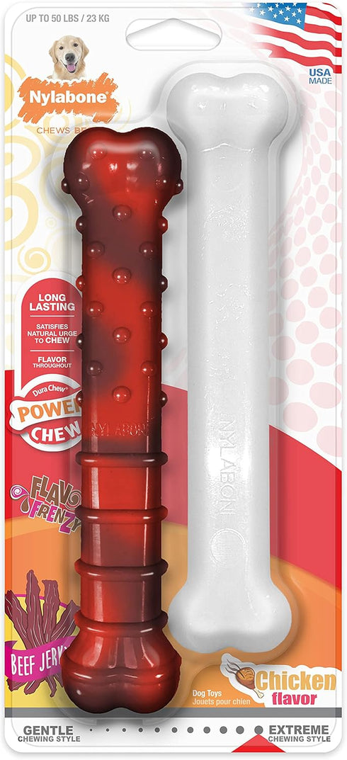 Nylabone Power Chew Classic Bone Chew Toy for Dogs, Durable Aggressive Chewer Toys, Beef Jerky & Chicken