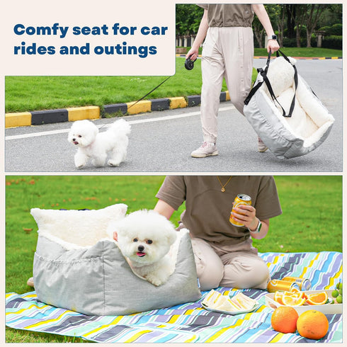 20 LBS 2-Sided Milk and Soda Small Dog Car Seat Bed for Small Dogs Under with Pillow, Side Pockets, Clip on Leash