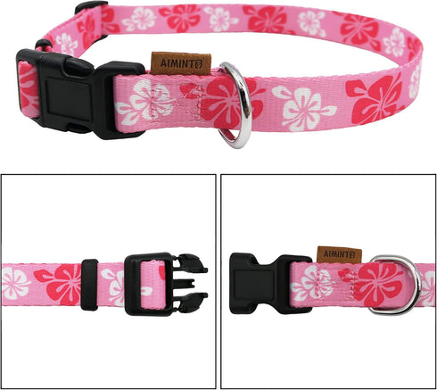 Cute Floral Pattern Dog Collar, Soft Adjustable Collar with Quick Release Buckle (XS, Hawaiian Pink, Neck 9-13", Width