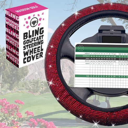 Universal Colorful Bling Crystal Diamond Rhinestones Golf Cart Steering Wheel Cover, Anti Slip Easy to Install (Red