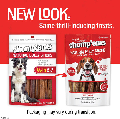 Chomp'ems Naturally Delicious Bully Sticks - Long Lasting No Hide Dog Chews, 8 Oz, No Artificial Additives