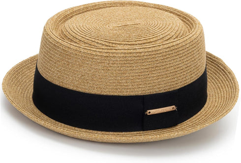 Women's 1920s Pork-Pie Sun Hat, Summer Straw Fedora Beach Hat with Band (M/L)