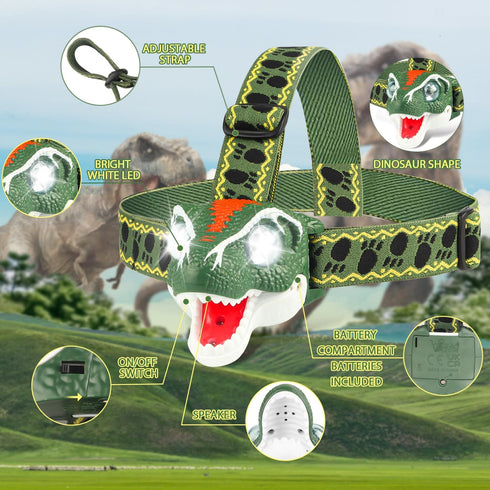 TIGTECGAME Dinosaur Headlamp - T-Rex LED Flashlight for Kids, Camping Gear, Gift for Toddlers, Boys, Girls, Adults