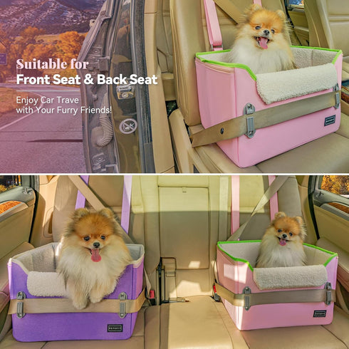 PETSFIT Small Dog Car Seat, Portable Booster Seat with Clip-On Leash, Adjustable Straps for Pets Up to 25lbs (Pink)