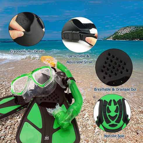 Kids Snorkel Set with Diving Mask, Snorkel, Adjustable Swim Fins, Mesh Bag, Anti-Fog Anti-Leak Snorkeling Gear for