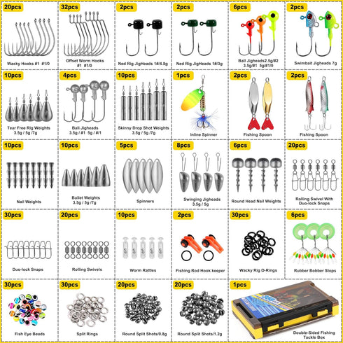 TOPFORT 187/343pcs Fishing Accessories Kit, Includes Jig Hooks, Sinker Weights, Fishing Set with Tackle Box