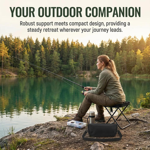 Folding Camping Stool - Portable Pocket Chair Converts to Satchel with External Grid Storage | Perfect for Camping