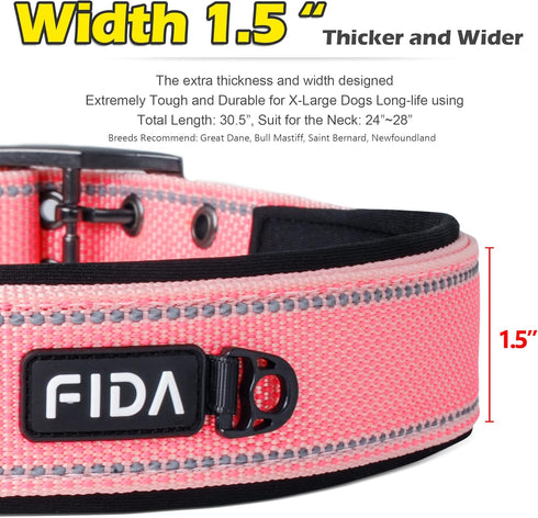 Fida Heavy Duty Dog Collar, 1.5” Width, Ultra Soft Neoprene Padded, Adjustable Reflective Nylon Collar with Two Metal