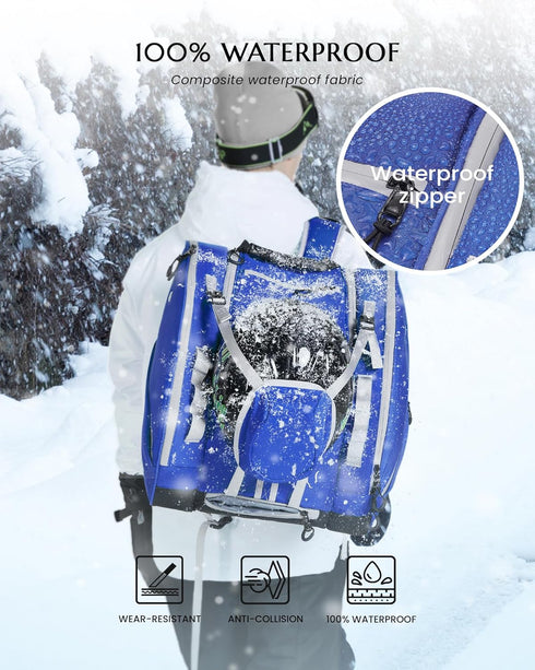 Ski Boots Bag 54L, Fully Padded Backpack for Snowboard Gear, Water-Resistant Travel Luggage with PVC Bottom Pockets