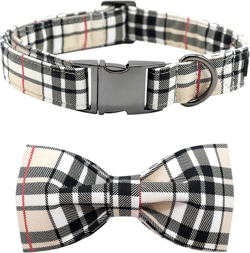 Dog Collar, Bow Dog Collar Plaid Pet Collar, Cute Soft Adjustable Collar for Large Dogs with Metal Buckle