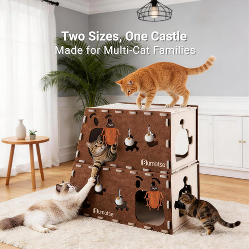 Bumotse 2-Story Large Cat Condo for Indoor Cats with Catnip Toy, Felt Cat Cave House with Scratching Tunnel, No-Tool