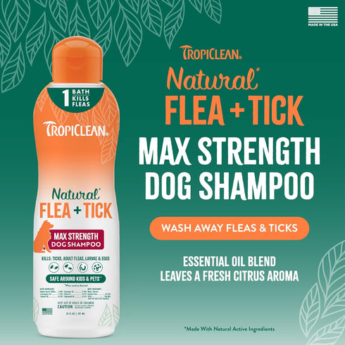 20oz TropiClean Max Strength Flea and Tick Shampoo Treatment for Dogs, Powerful & Natural Defense, Prevention for Large