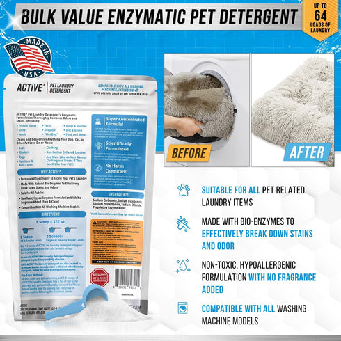 64 Pet Laundry Detergent Odor Remover - ACTIVE Enzyme Based Powder Detergent for Dogs Beds, Cat Pee, HE Washer Friendly