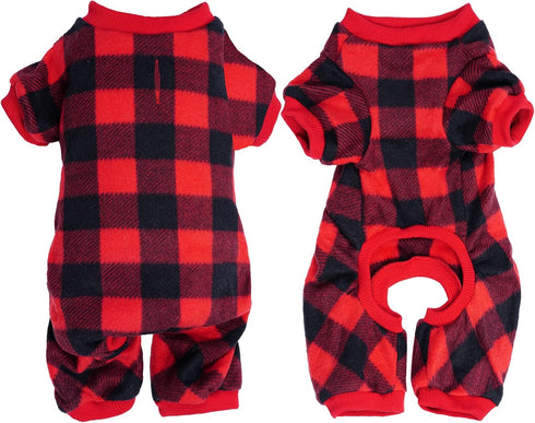 Pet Christmas Pajamas, X-Large Red Black Buffalo Plaid Jumpsuit for Dogs & Cats, Soft Winter Clothes