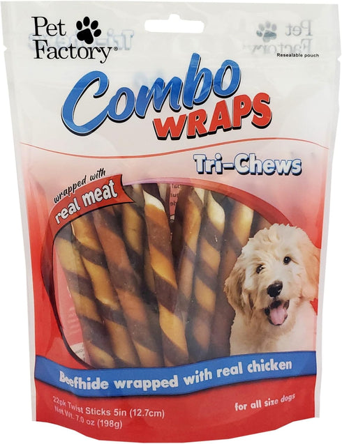 Pet Factory Combo Wraps, Pork Flavored Beefhide, 5" Twist Sticks Dog Chew Treats, Real Chicken Meat Wrap
