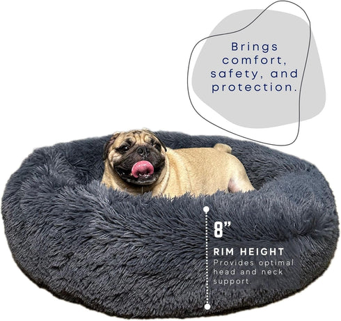 Round Fluppy Calming Pet Bed - Medium Washable Dog Bed, Faux Fur Cat Bed, Non-Slip Bottom, Grey