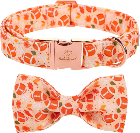 Fall Boy Dog Collar - Orange Maple Leafs Rugby Bow Tie Collar with Safety Metal Buckle for Small, Medium, Large Dogs
