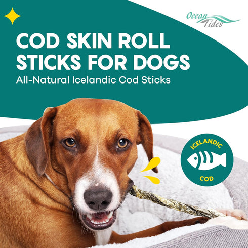 Ocean Tides Icelandic Atlantic Cod Fish Skin Treats for Dogs and Cats - Dried Lean Crunch Sticks Chews