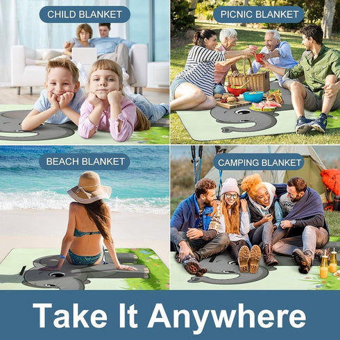 LZQPOEAS (58.3" 58.3"), Elephant with Gray Picnic Blanket Outdoor, Square Foldable Lightweight Waterproof Beach Mat X